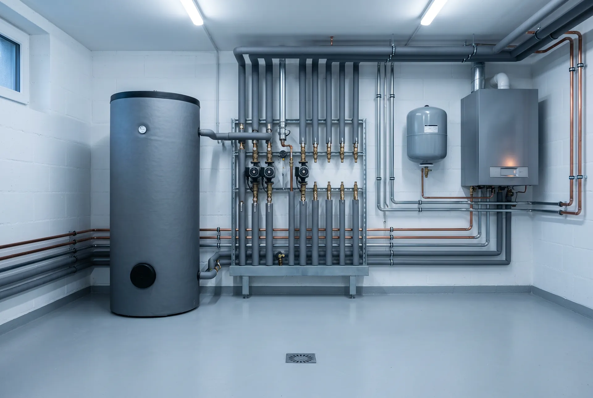 Zbiornik buforowy i orurowanie w kotłowni